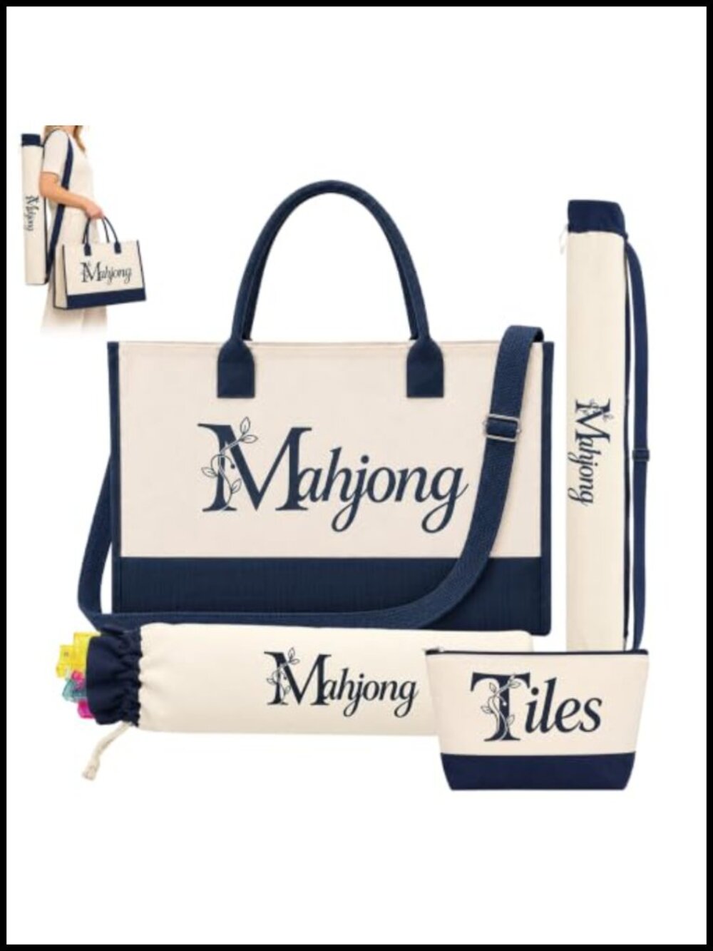 Mahjong Tile Bag Set Canvas Crossbody Tote with Mat Bag